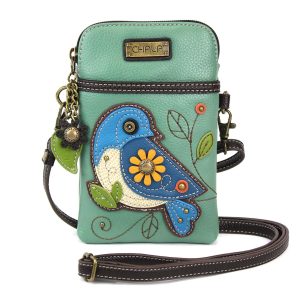 CHALA Cell Phone Crossbody Purse-Women PU Leather/Canvas Multicolor Handbag with Adjustable Strap – Blue Bird – teal