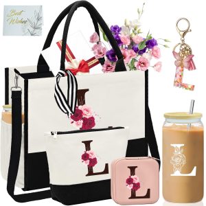 AiHeart Birthday Gifts for Women,Initial Canvas Tote Bag,Monogrammed Gift for Women,16oz Initial Glass Cup,Makeup Bag with Zipper,Jewelry Organizer Box,Personalized Gifts for Mom-L