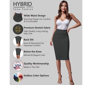 Hybrid & Company Women’s Premium Nylon Ponte Stretch High Waist Pencil Suit Skirt Below Knee