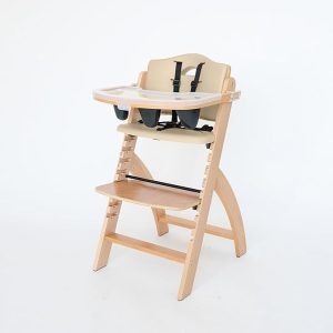 ]Abiie Beyond Junior Wooden High Chair with Tray – Adjustable and Convertible High Chair for Babies and Toddlers – 6 Months to 250 Lb – Water Resistant – Natural Wood with Beige Cushion