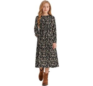 Girls Casual Elastic Crew Neck Floral Printed Solid Color A-line Swing High Waist Midi Belted Dress with Pocket
