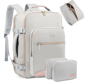 LOVEVOOK Travel Backpack for Women Men as Personal Item Flight Approved, 40L Luggage Carry On Backpack,17.3inch Large Laptop Backpack Waterproof Outdoor Sports with 3 Packing Cubes,Light gray-Pink
