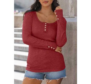 Kissfix Womens Long Sleeve Shirts Going Out Fall Clothes Casual Henley Tops Ribbed Knit Blouses Fashion Trendy Outfits