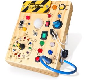 Busy Board,Montessori Toys for 1-3 Years Old, Wooden Toddler Toys, Sensory Travel Toys, Ideal Gift for 1+ Year Old Boys (Busy Board Plus V2), Medium, Yellow