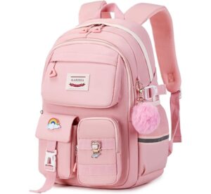 Kawaii Girls Backpack for School, Cute Teenage Multiple Pockets Backpack, Fashion Bookbag for Primary Elementary High School, Pink