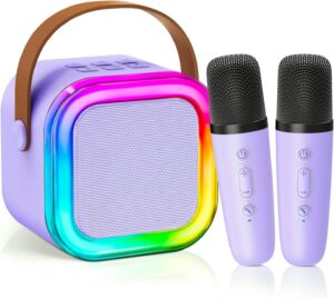 Mini Karaoke Machine for Kids Girls,Toys Birthday Gifts for Ages 4 5 6 7 8+ Year Old,Protable Bluetooth Speaker with 2 Wireless Microphone for Singing Party Outdoor Play (Purple)