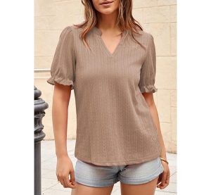 Dokotoo Womens Summer Short Puff Sleeves Blouses Shirts V Neck Cute Solid Knit Textured Casual Regular Fit Tops