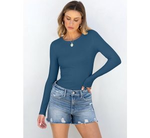 ANRABESS Women Long Sleeve Crewneck Rib Knit Slim Fit Shirts Basic Tee Tops 2025 Casual T-Shirt Going Out Workout Outfits