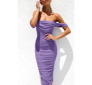 PRETTYGARDEN Women’s Summer Off The Shoulder Ruched Bodycon Dresses Sleeveless Fitted Party Club